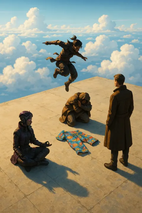 Four Diminutive Figures Interact on a Vast