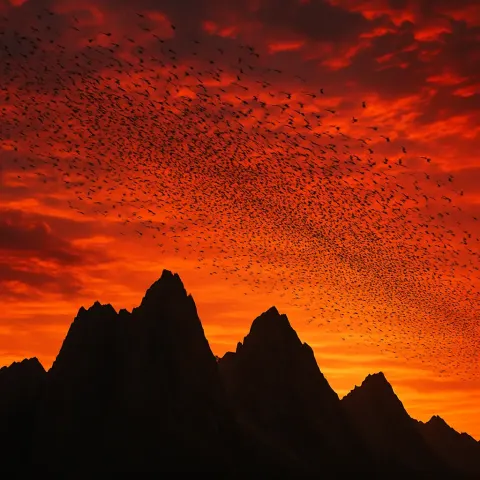 Innumerable Tiny Silhouettes of Migrating Birds Stream