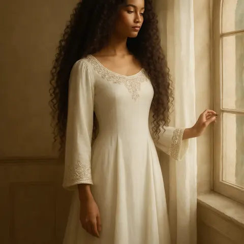 Beside a Tall Arched Window Adorned with Sheer Drapes