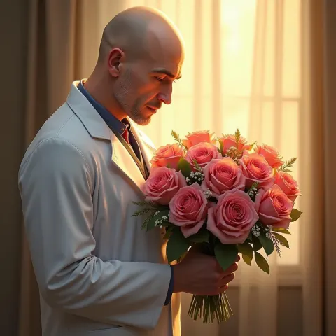 Bald Doctor Presenting Roses at Golden Hour