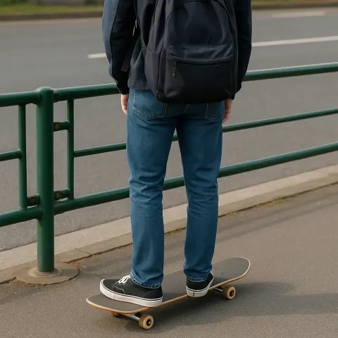 Person Wearing Jeans and a Backpack Stands on a Skateboard