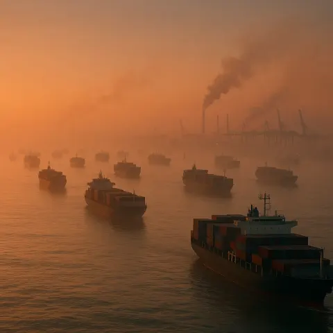 Multitude of Distant Cargo Ships Queue Patiently at the Entrance