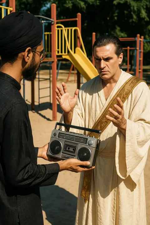 Tech Innovator in Ethnic Attire Presents a Vintage Cassette Player