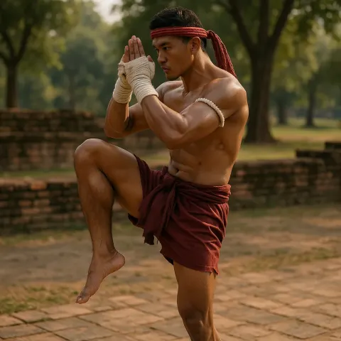 Classic Thai Fighter Executing a Muay Thai Move