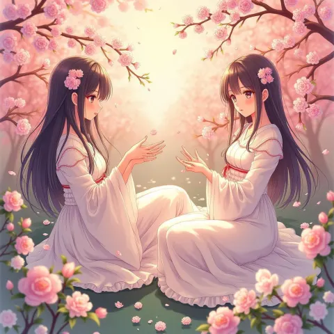 Ink Wash Girls Reclining Among Cherry Blossoms