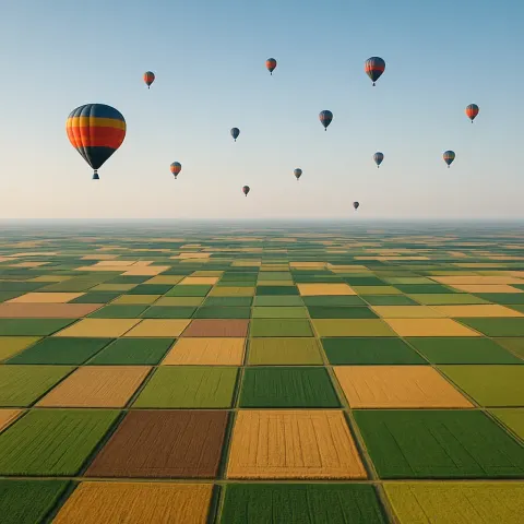 Many Distant Hot Air Balloons Drift Leisurely