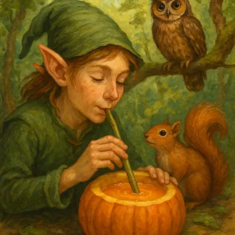 Elf Drinks Orange Nectar Through a Bamboo Straw