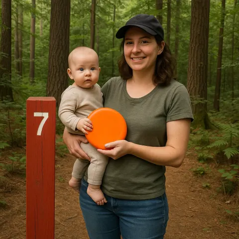 Woman Holding a Baby with a Frisbee