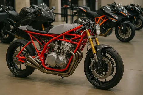 Custom-built Racing Motorcycle with a Red Frame