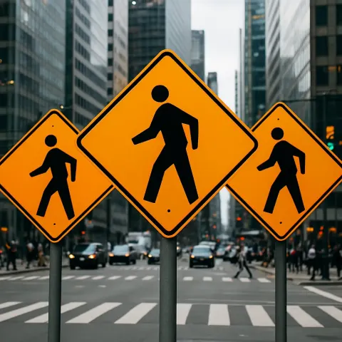 Three Rectangular Signs Showcasing a Bright Orange Crosswalk Icon Stand