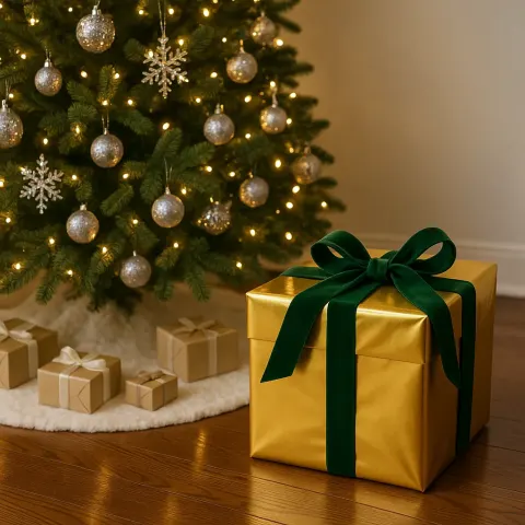 Towering Christmas Tree Shimmers with Twinkling Lights and Silver Ornaments