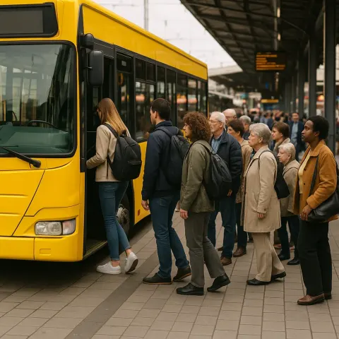 Vibrant Yellow Bus Waits at a Lively Station