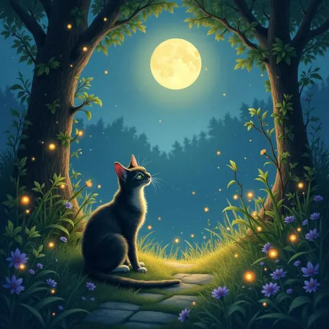 Fantasy Cat in Moonlit Garden of Fireflies
