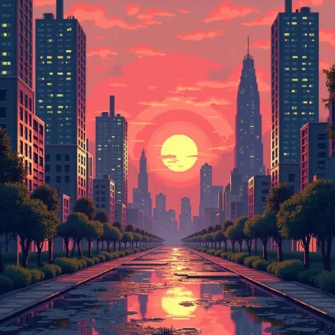 8 Bit Niemeyer City at Cyberpunk Sunrise