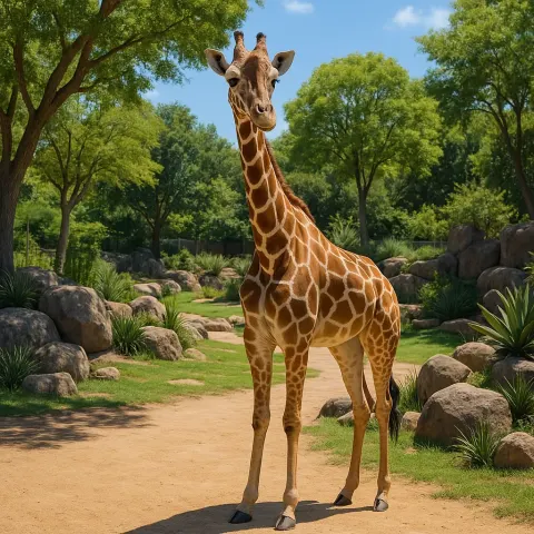 Giraffe Stands in a Sunny Zoo Enclosure Surrounded by Trees