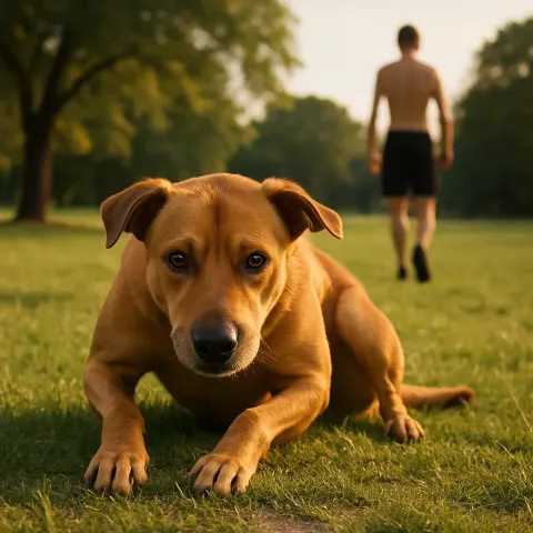 Dog Crouched on Grass in the Foreground