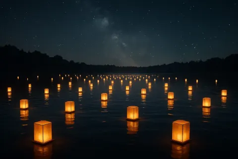 Myriad Glowing Lanterns Drift Slowly Across a Calm