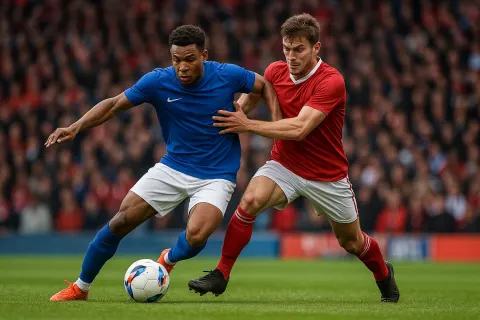 Two Soccer Players from Opposing Teams Tussling for the Ball