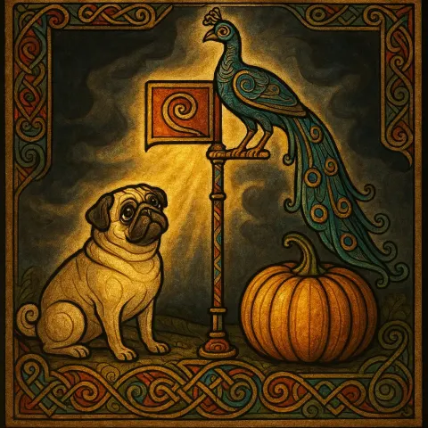 Pug and Squash Flank a Flagpole Crowned by a Peacock