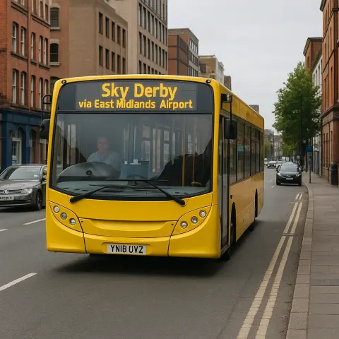 Yellow Bus Marked "Sky Derby Via East Midlands Airport" Driving