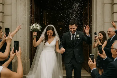 Bride and Groom in Wedding Attire Exiting a Building