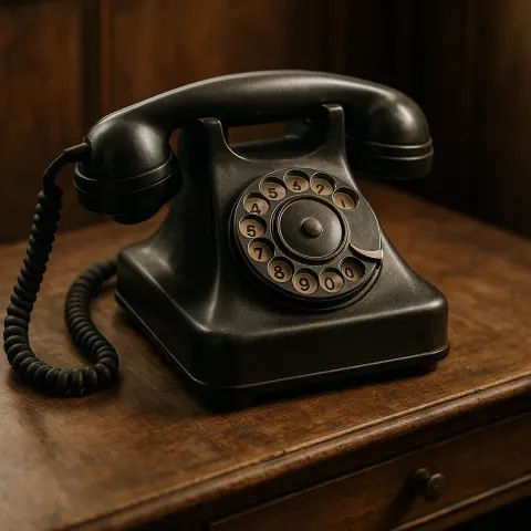 Classic Early 20th-century Rotary Phone Sitting Atop an Old-fashioned Wooden