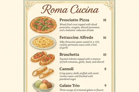 Elegant Single-page Menu for a Cozy Italian Café Named "Roma