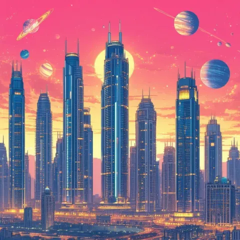 Manga Dubai Highrises Beneath Glowing Planets