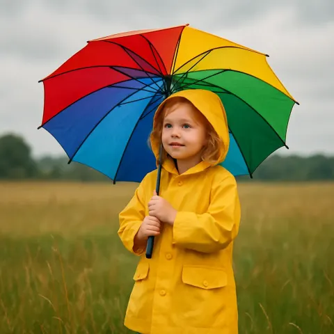 Young Girl Stands Dressed in a Raincoat