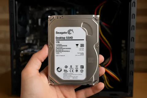 Hand Holds a Seagate 1TB Desktop SSHD in Front