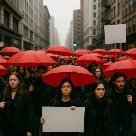 Group of People Holding Red Umbrellas Participates in a Protest
