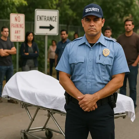 Uniformed Security Personnel Stands Guard in Front of a Stretcher
