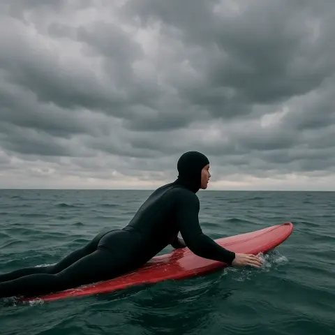 Person in a Wetsuit Is Paddling on a Red Surfboard