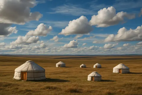 Scattered Handful of Nomadic Yurts Dots a Vast