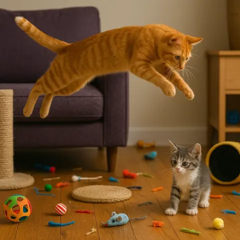 Ginger Cat Leaps from a Purple Couch