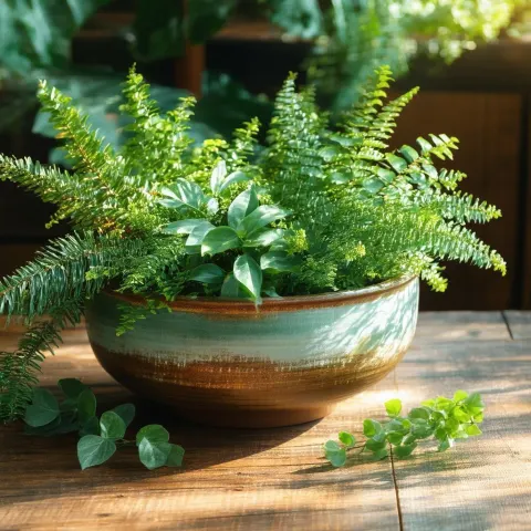 Painterly Bowl of Greenery on Rustic Wood