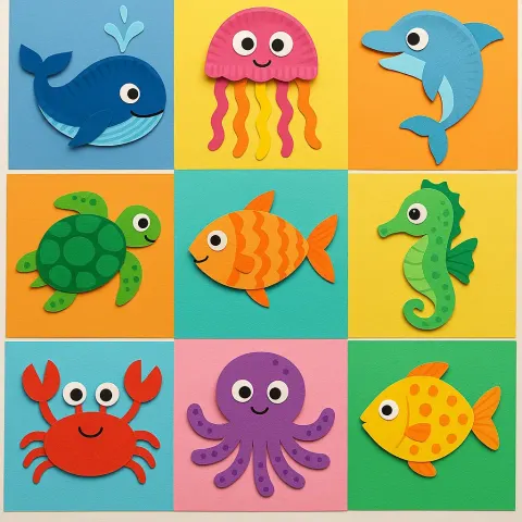 Collection of Handcrafted Paper Plate Ocean Animals Featuring Whales
