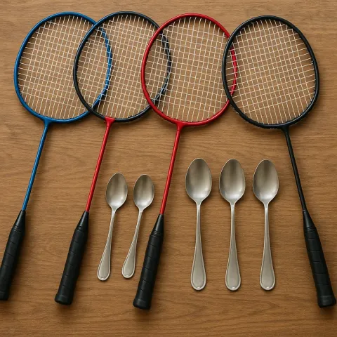 Lifelike Scenario That Includes Four Spoons Alongside Four Badminton Rackets