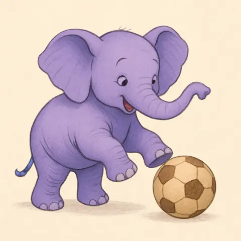 Purple Elephant Engaging in Playful Activities with a Beige Soccer