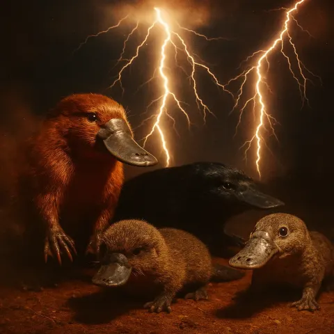 Group of Four Distinct Platypuses—a Large Mature Specimen