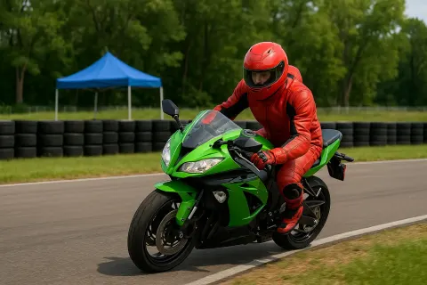 Motorcyclist Wearing Red Gear Rides a Green Motorcycle