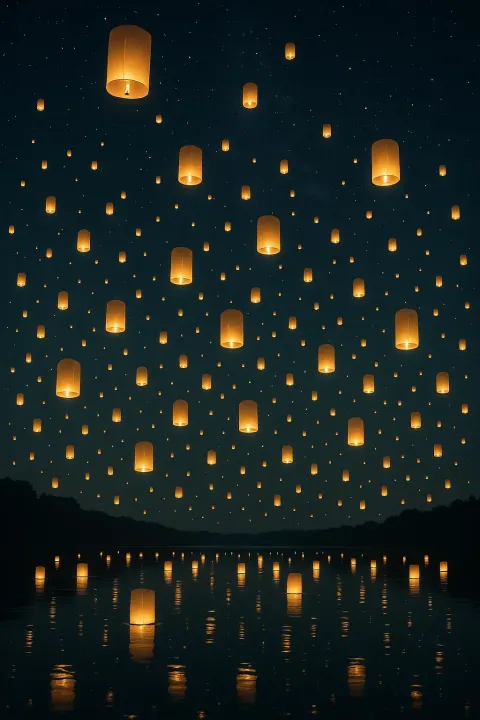 Innumerable Glowing Paper Lanterns Drift Serenely over a Vast