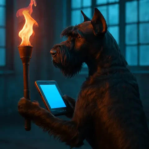 Giant Schnauzer with a Torch and Hand-held Computer