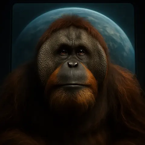 Single Orangutan—its Prominent Fatty Cheek Pads