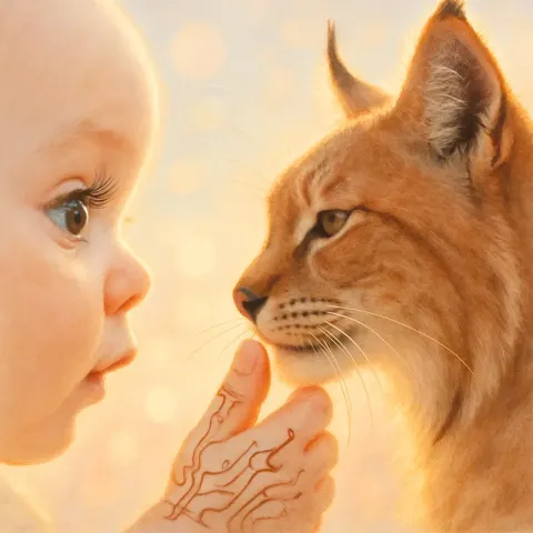 Infant's Coily-lashed Eye Watches a Circuit-hennaed Thumb Stroke a Lynx's
