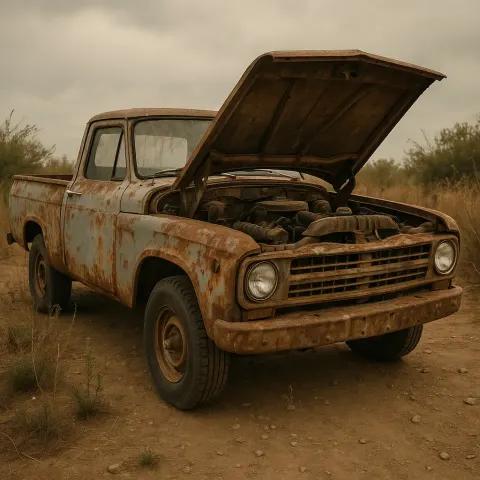 Old Pickup Truck Sits Idle with its Hood
