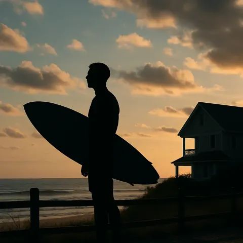 Silhouetted Man Holding a Surfboard Stands near a Beach Fence
