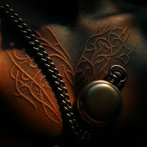 Everyman's Gleaming Pocket Watch Chain Presses into Skin's Intricate Scarification
