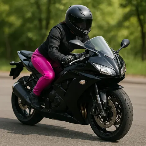 Person Riding the Glossy Black Motorcycle Is Dressed
