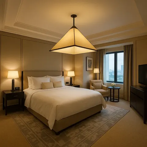 Hotel Suite Featured a Uniquely Square-shaped Room and a Lampshade